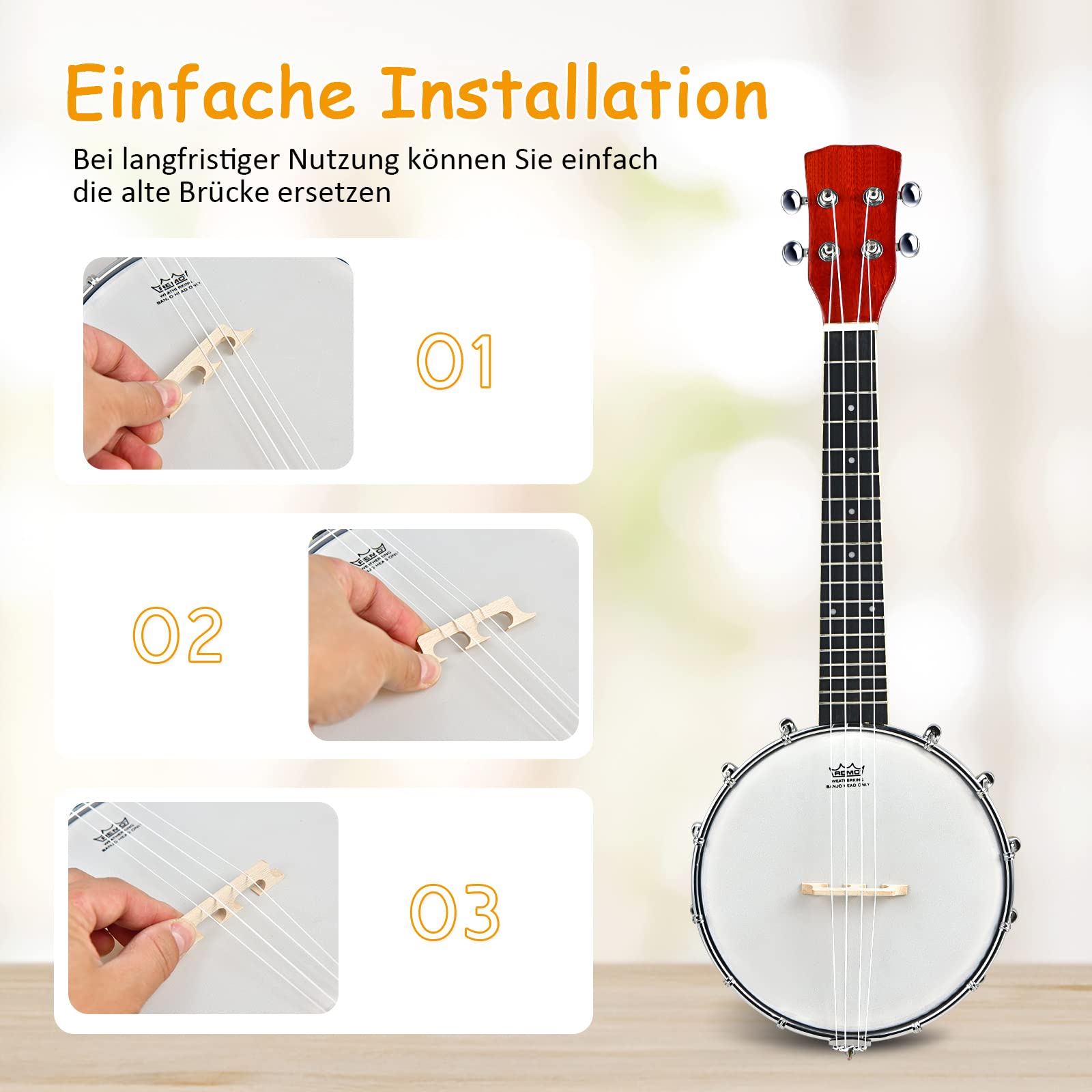 DREAMADE 4 Saiten Banjo 24 Zoll, Banjolele mit Remo-Fell und Reinigungstuch, Banjo Set für Kinder und Anfänger
