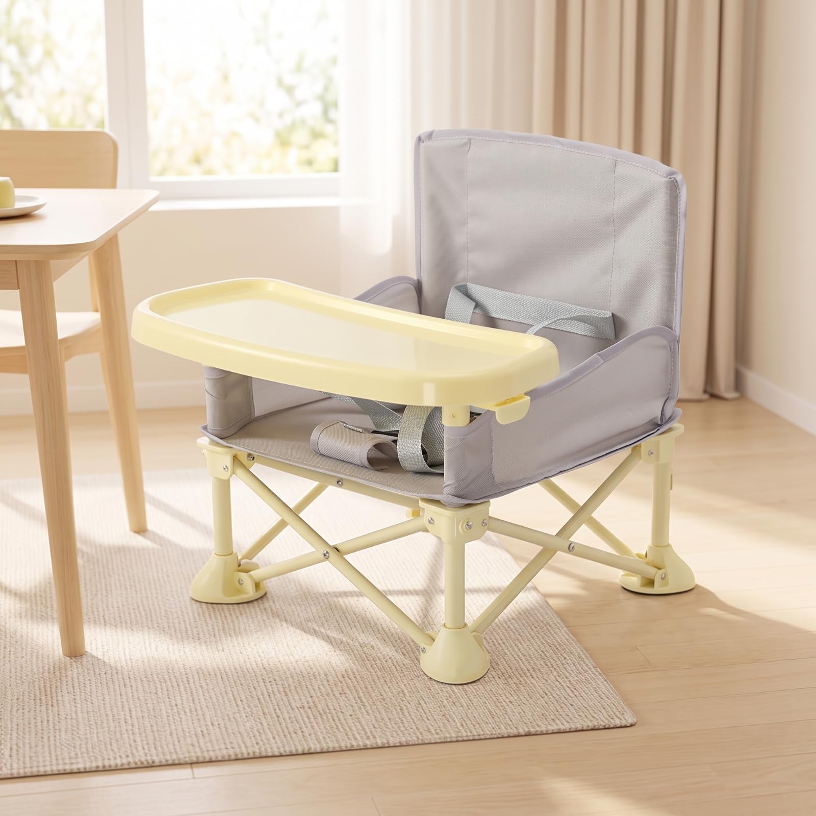Chaise Haute Pliante Pliable Chaise Haute avec Plateau Amovible Ajustable Siège Table avec Plateau pour Bébés, Repas, Array, Gris Avancé, Support En Acier À Haute Teneur En Carbone