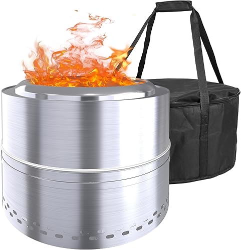 Fogata sin humo para patio exterior, chimeneas de madera de acero inoxidable de 20 pulgadas con cenicero extraíble, bolsa de almacenamiento portátil