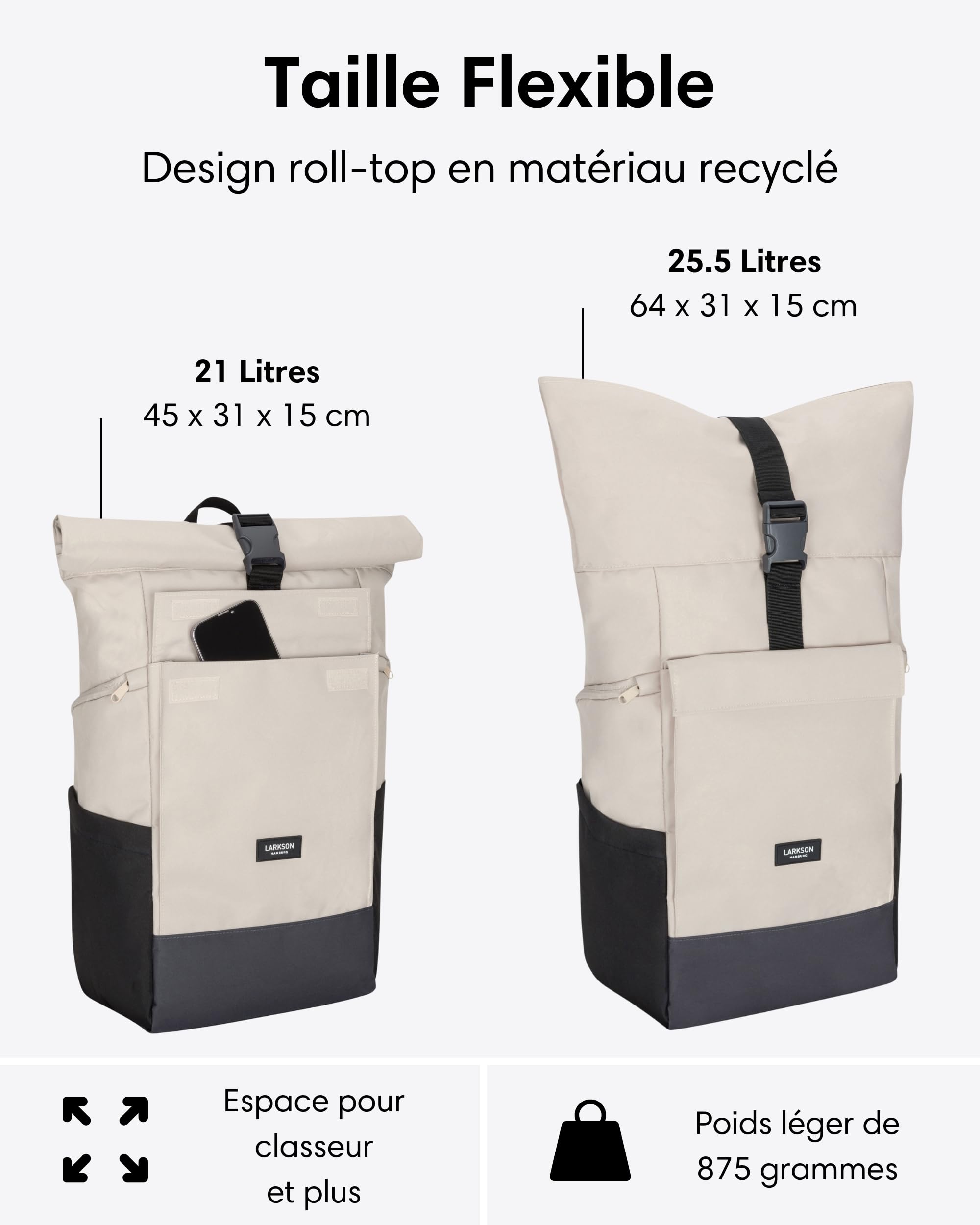 LARKSON Sac à Dos Femme Homme Beige Gris - No 4 Large - Sac à Dos De Voyage Grand Format - Backpack Avec Compartiment Pour Ordinateur Portable 16 Pouces - Hydrofuge