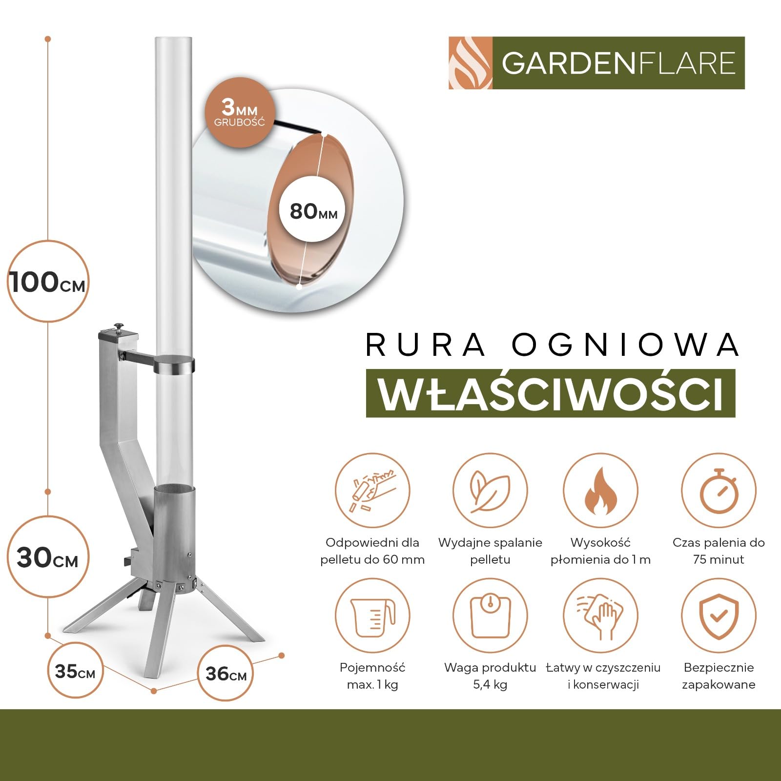 GARDENFLARE Elegancka kolumna ogniowa ze stali nierdzewnej, pelletowa pochodnia do ogrodu i na taras – Alternatywa dla kominka ogrodowego i ogrzewacza tarasowego (srebrny)