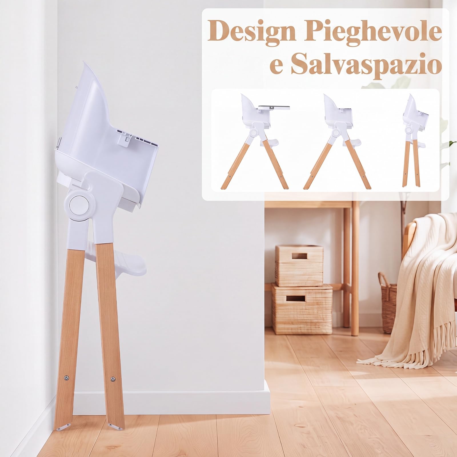 COSTWAY Seggiolone Pappa Pieghevole 4 in 1 con Cuscino di Seduta (Grigio) | Seggiolone per Neonati 6-36 Mesi con Vassoi Rimovibili, Portabicchieri, Cintura di Sicurezza e Gambe in Legno