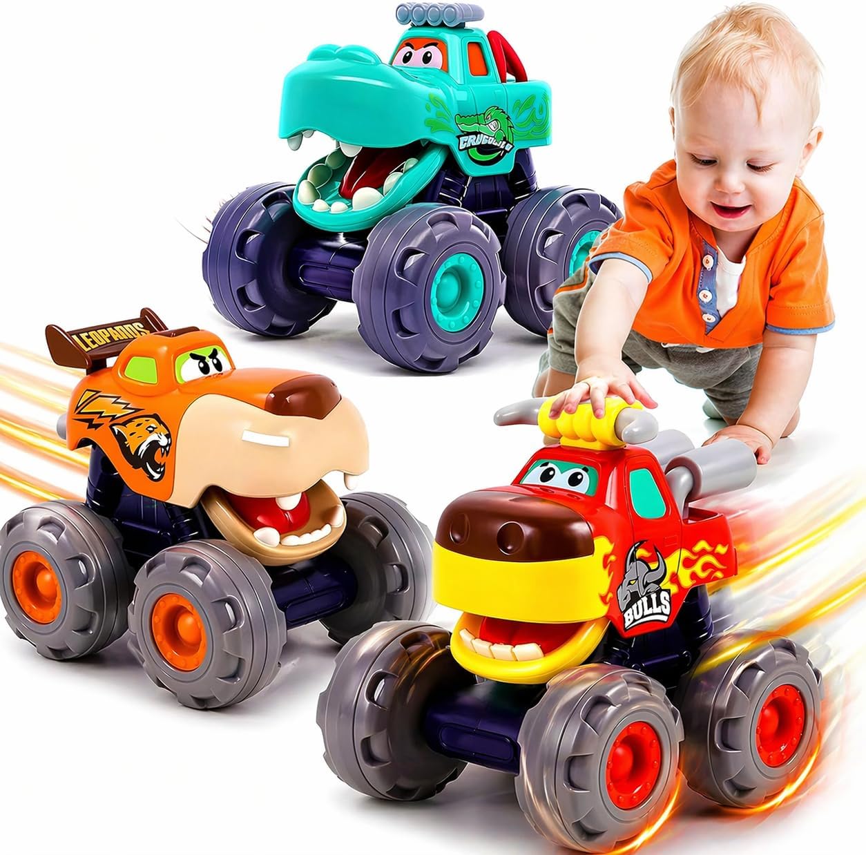 Toy Cars for Toddlers 1-3, 3 Pack Monster Truck Toys for 1 2 3 Year Old Boy Gifts, Baby Animal Play Vehicle Push Pull Back Truck for 12-18 Months 2-4 0-2 1-2 One Year Old Boy 1st Birthday Gift