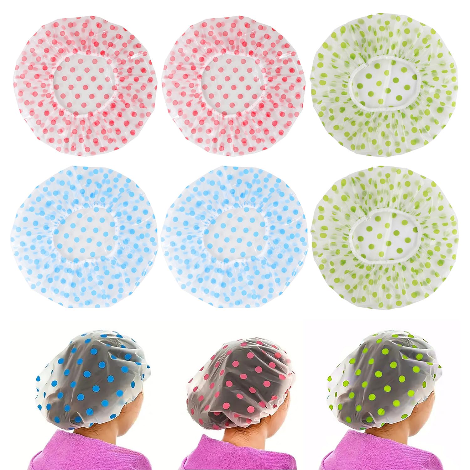 YPYMOD 6 Pezzi Cuffia Doccia per Capelli, Cuffia Doccia Riutilizzabile Impermeabile Cuffia da Bagno Elastica Grande Shower Caps, per Spa Salone di Trucco Femminile (Blu Verde Rosa)