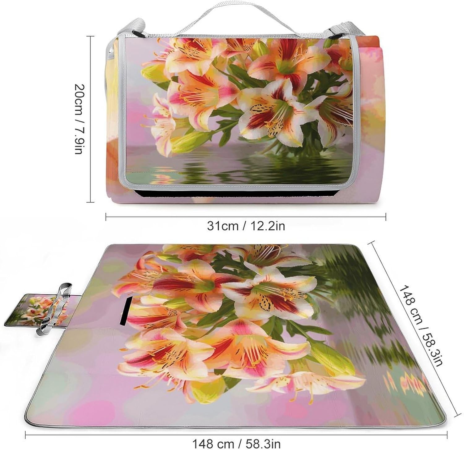 Alstroemeria Waterproof Picnic Blanket 58.3''x58.3'',Portable and Foldable Picnic Mat with Handle,Outdoor Blankets for Lawn Park Beach Travel