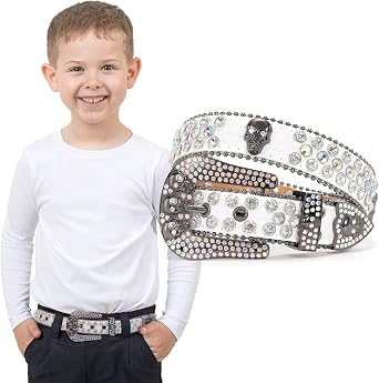 SUOSDEY Kids Rhinestone Belt Skull Stylish Leather Belt for Boys Girls, Western Bling Cowboy Cowgirl Belt for Jeans Pant