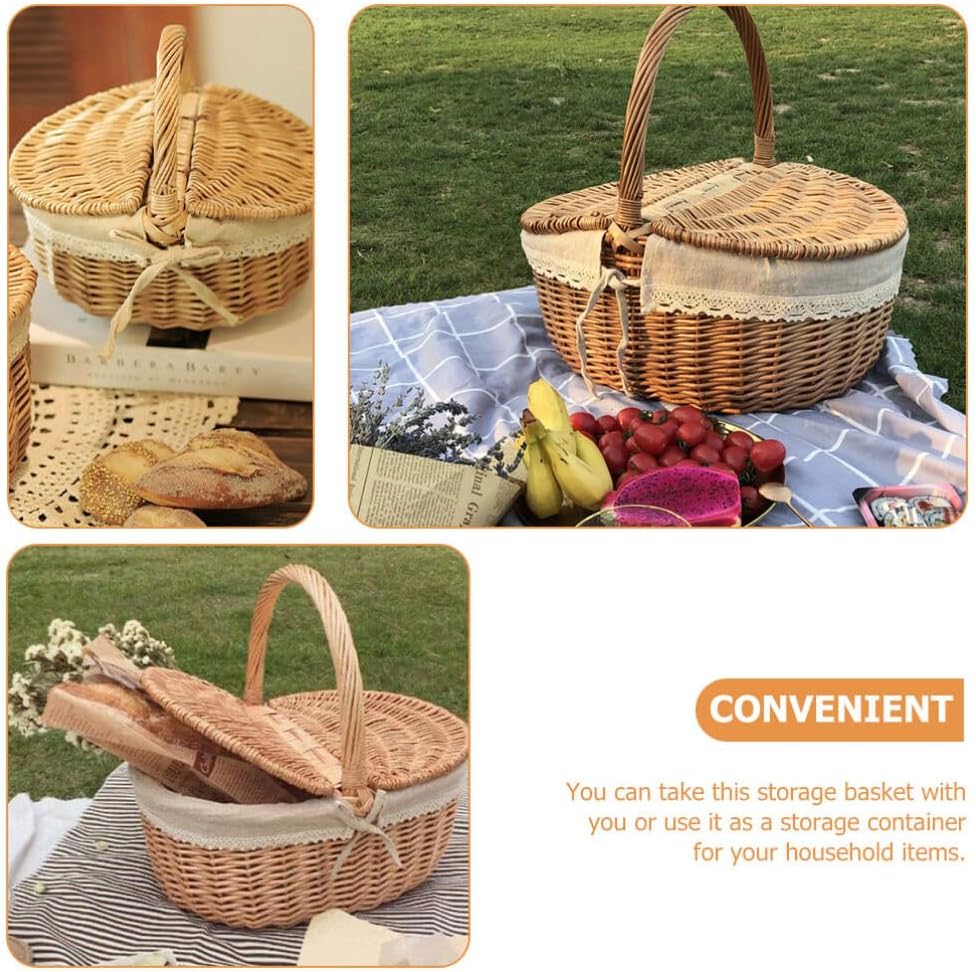 Wicker Picnic Basket with Lid Empty Picnic Basket with Liner Handle Outdoor Camping