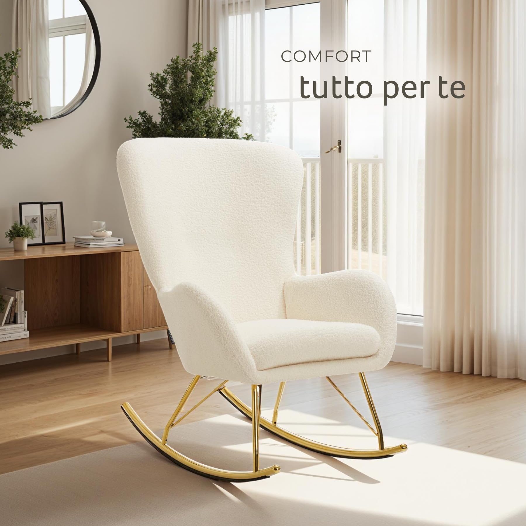 tectake® Sedia a Dondolo, Morbidissimo Velluto, Cuscino Removibile, Lavabile, Poltrona a Dondolo, Schienale e Braccioli Generosi, Telaio Robusto in Acciaio, Pattini Massicci, Antigraffio - Crema/Oro
