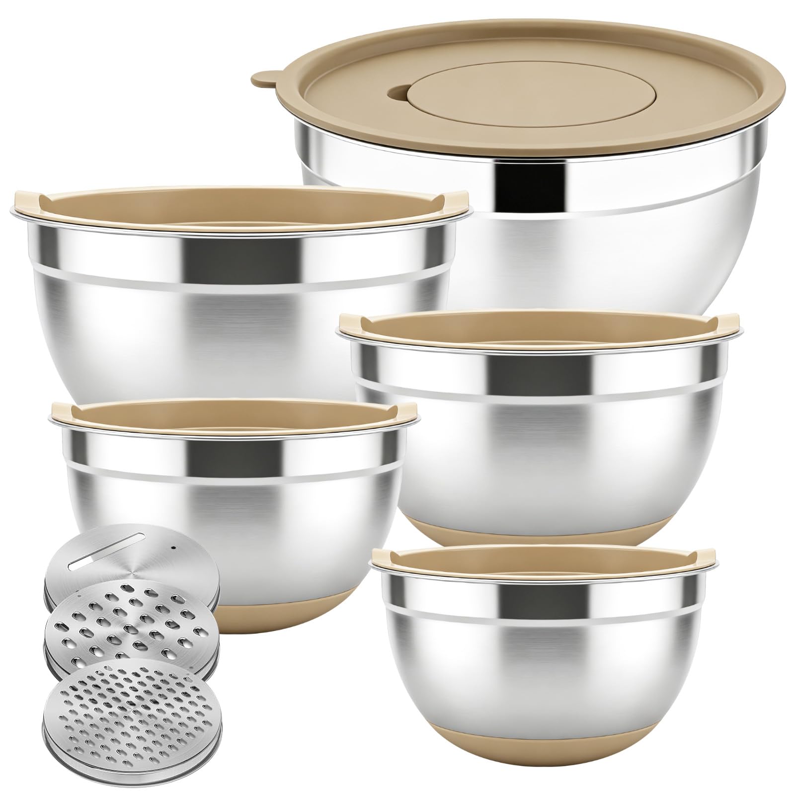 5 Pcs Saladier Inox, Cul de Poule Inox, Saladier avec Couvercle, Base en Silicone Antidérapante, Bol Inox Cuisine Bowl de Mélange avec 3 Râpes, Empilables et Lavables au Lave Vaisselle