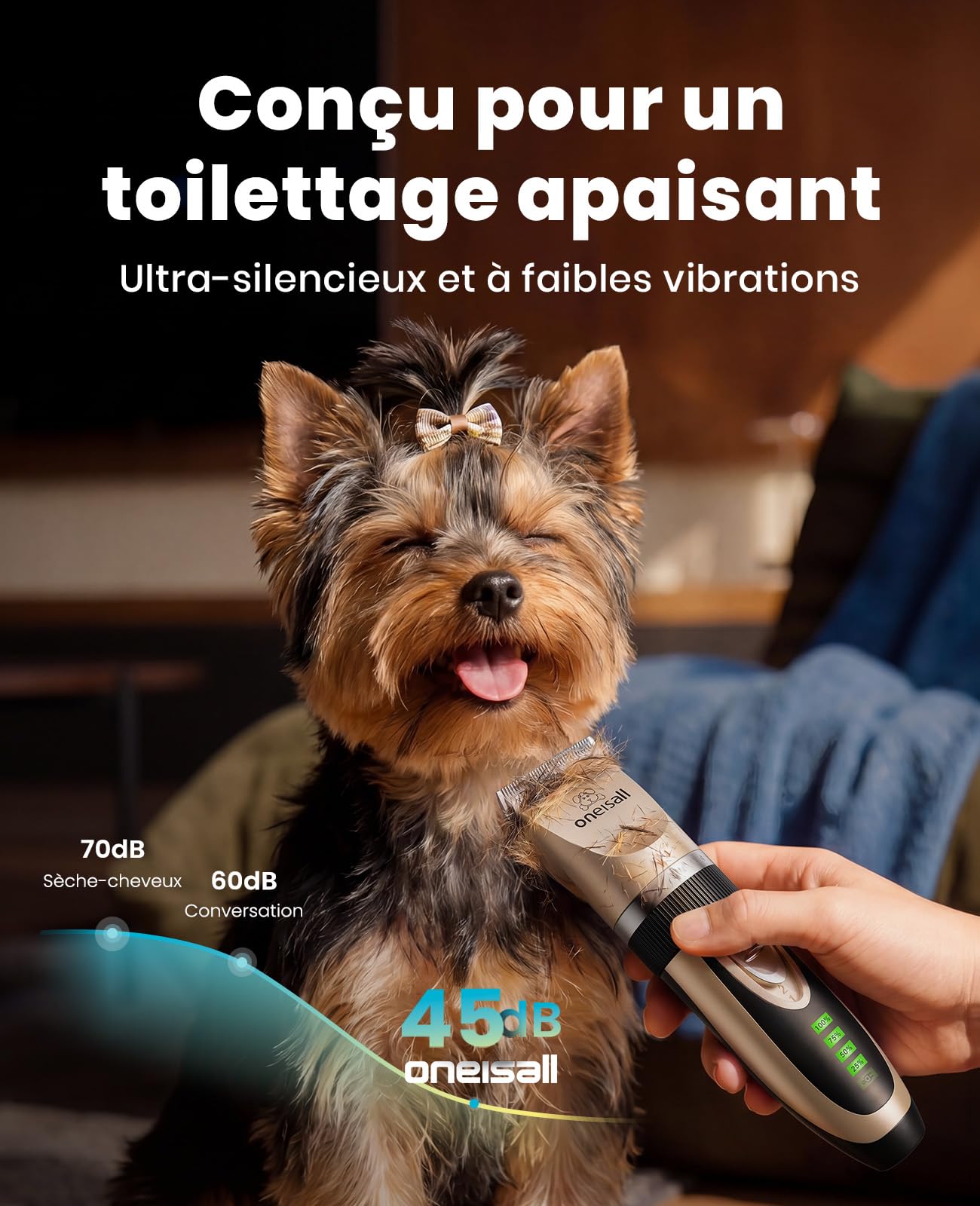 oneisall Tondeuse silencieuse pour chiens, batterie 2000mAh, autonomie 4h, pour chats et chiens à poil épais, rasoir pour poils longs (doré)