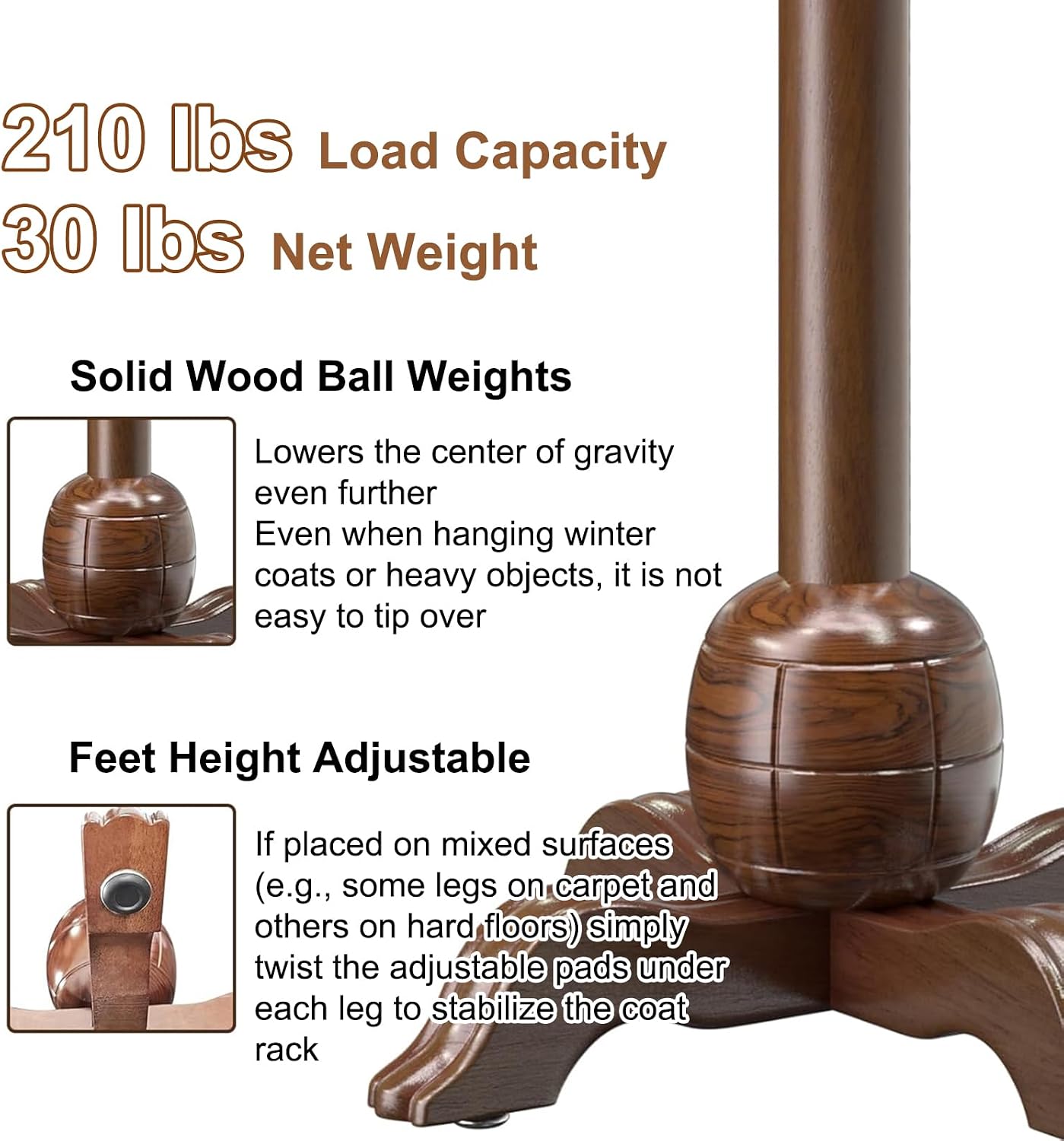 Wooden Coat Rack Freestanding, Coat Racks with 7 Hooks, Coat Tree Freestanding Heavy Duty with Stable Sphere Base, Load 210 lb, Coat Hanger Stand for Entryway, Hallway, Bedroom