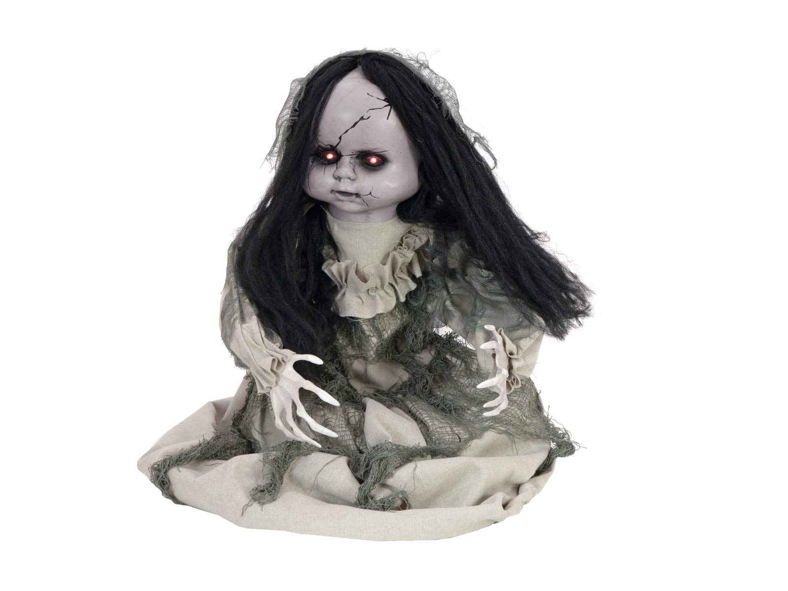 Halloween Electric Horror Walking Doll – Voice & Touch Activated With Red Eyes, Sound & Motion (Black Hair, Red Clothes)