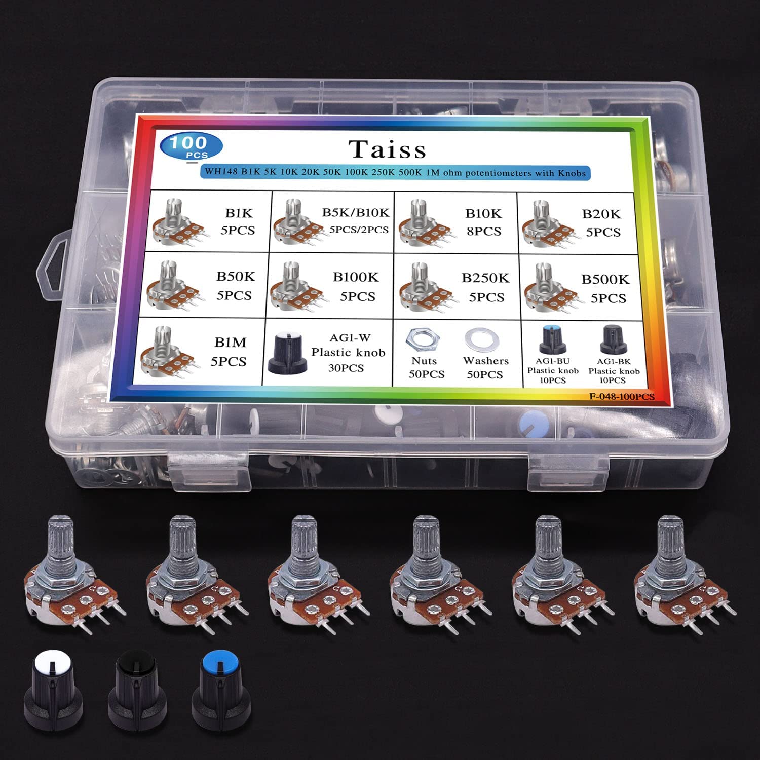 Taiss 100pcs potentiomètre Kit b1k b5k 10K 20k 50k 100k 250k 500k 1m ohm dreh type B potentiomètre linéaire avec écrou, rondelle et 3 couleurs différentes boutons en alliage d'aluminium F048