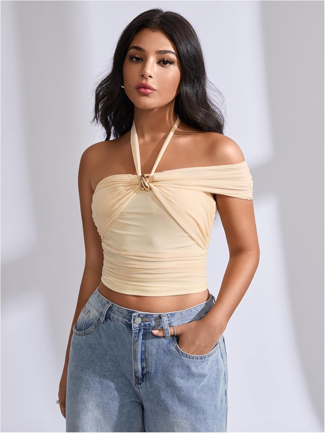 Women's Asymmetrical Ruched Halter Tops Metal Mesh Sleeveless Going Out Crop Top - Image 5