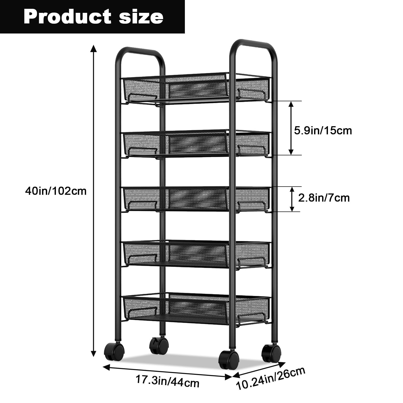 Carro de Almacenaje Rodante 5 Niveles para Despensa, Estructura de Acero con Cesta de Malla Apilables y Ganchos - Estantería Portátil con Ruedas para Cocina, Oficina,Negro