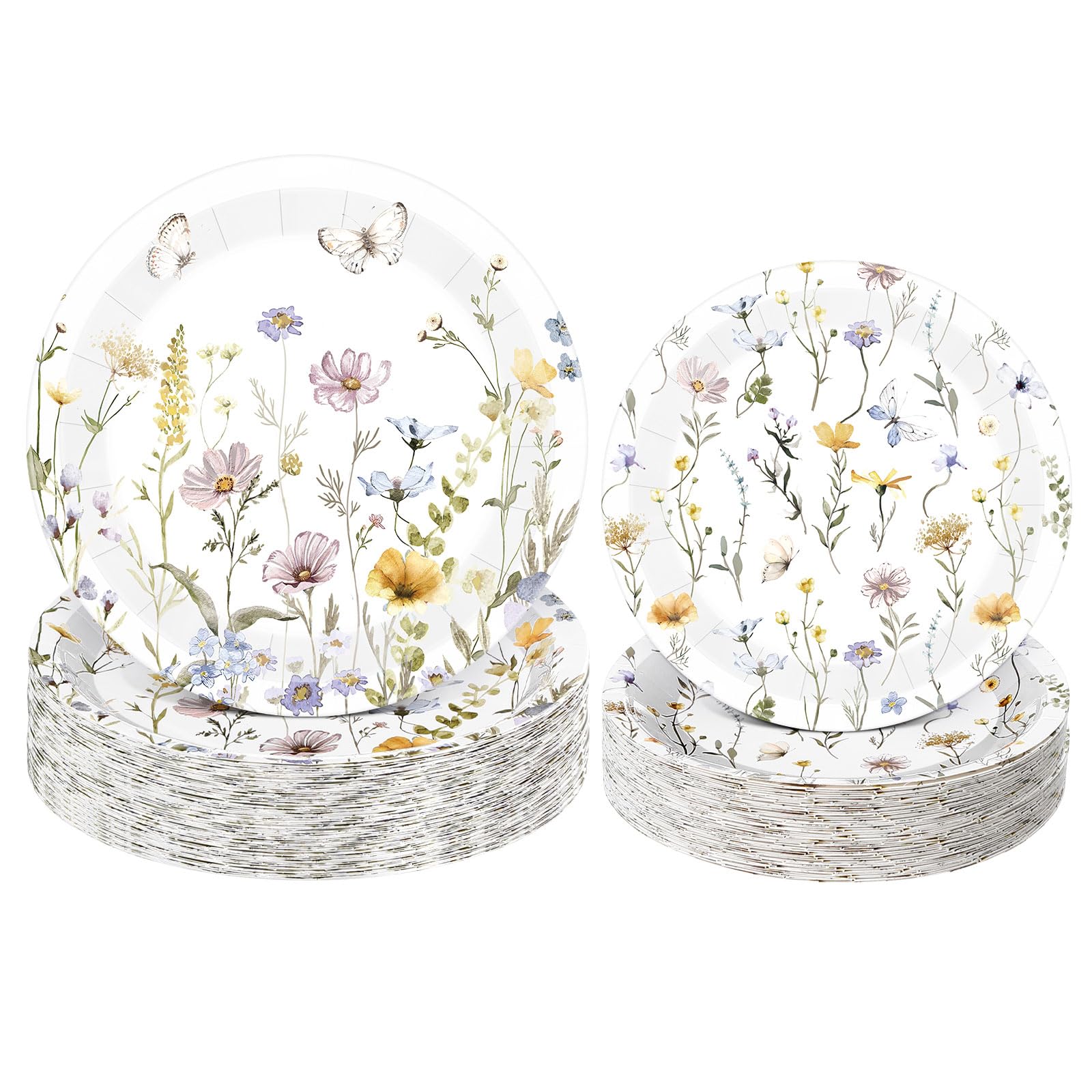 Pickmesh 60 Pcs Wildflower Paper Plates 9 in and 7 in Disposable Floral Dinner Plates Watercolor Spring Flower Dessert Party Dinnerware for Tea Party