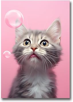 Tabby cat Wall Art, Cute Cat Nursery Wall Decor for Girls Bedroom, Kids Room, Pink Girly Kitty, PussyCat, Kitten Art, Cat Lover Gifts for Women, Adorable Cat Wall Art, Poster Print, Print