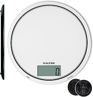Salter 1080 WHDR12 Mono Circular Electronic Digital Kitchen Scale, 5KG, Zero Add & Weigh Function, Measure Liquids/Fluids, Touch Sensitive, Hygienic Easy Clean Glass Platform, Measure in g/oz, White