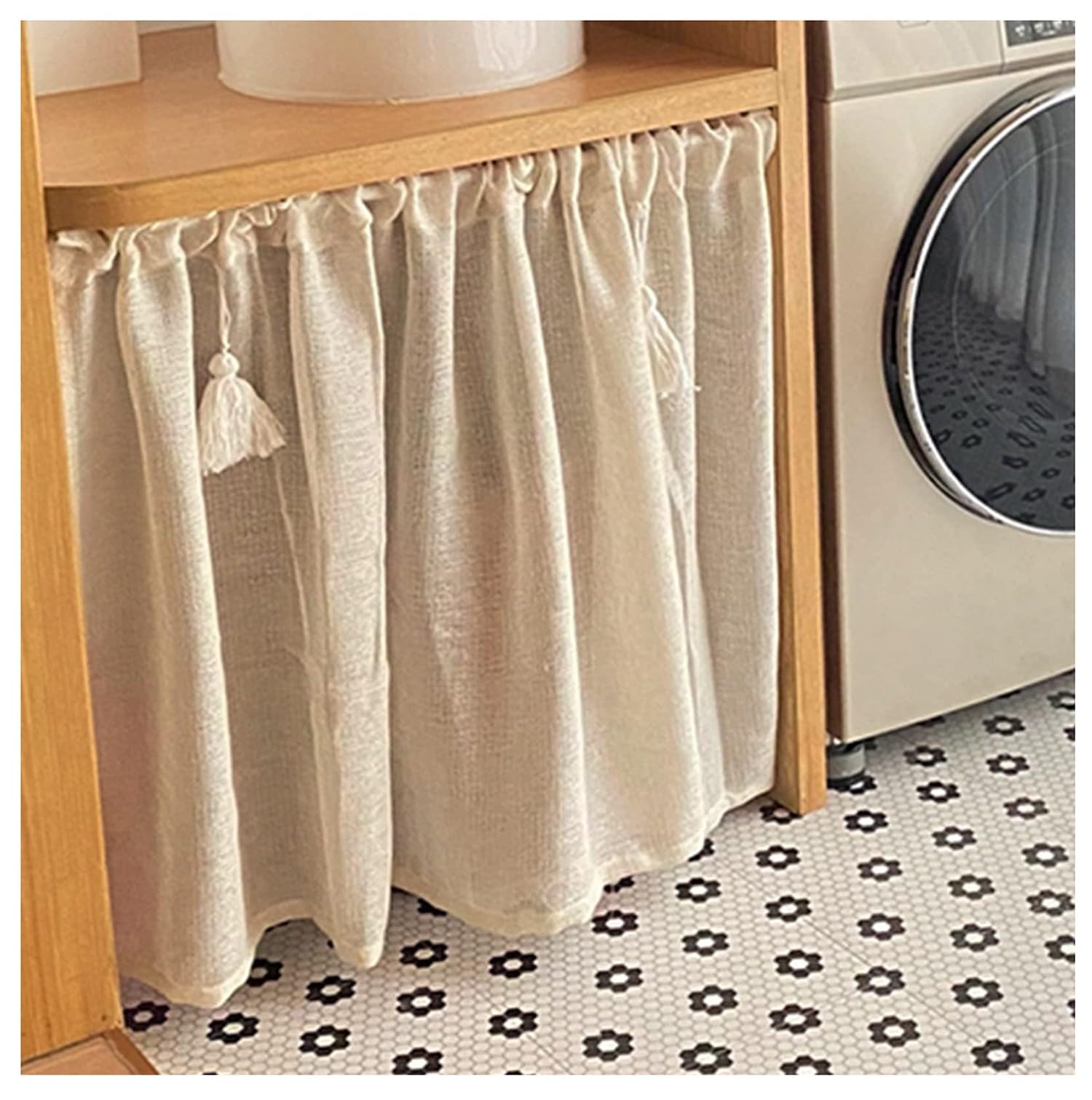 BLUEZY Retro Cotton and Linen Short Curtains, Curtains under the Sink, Farmhouse Rustic Kitchen Valance, Sheer Cafe Curtain Valance, Bistro Curtain for Kitchen Bathroom Window Decor W150xH52(cm)
