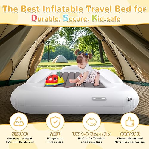 Miniatura 2 de Cama inflable de viaje para niños, colchón de aire portátil y cómodo con parachoques de seguridad de 3 lados, cama inflable para acampar y viajar