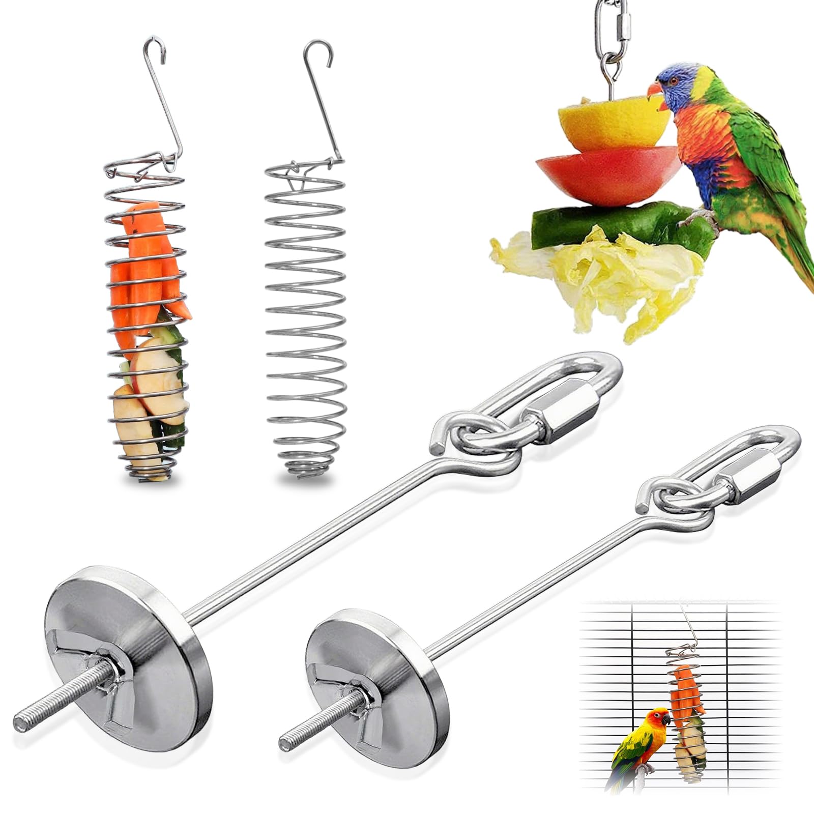 4 PCS Bird Food Holder for Cage, Parrot Fruit Skewers Vegetable Hanging Basket Stainless Steel Rat Enrichment Toys Bird Treat Feeders and Rodent Foraging Puzzle Toy