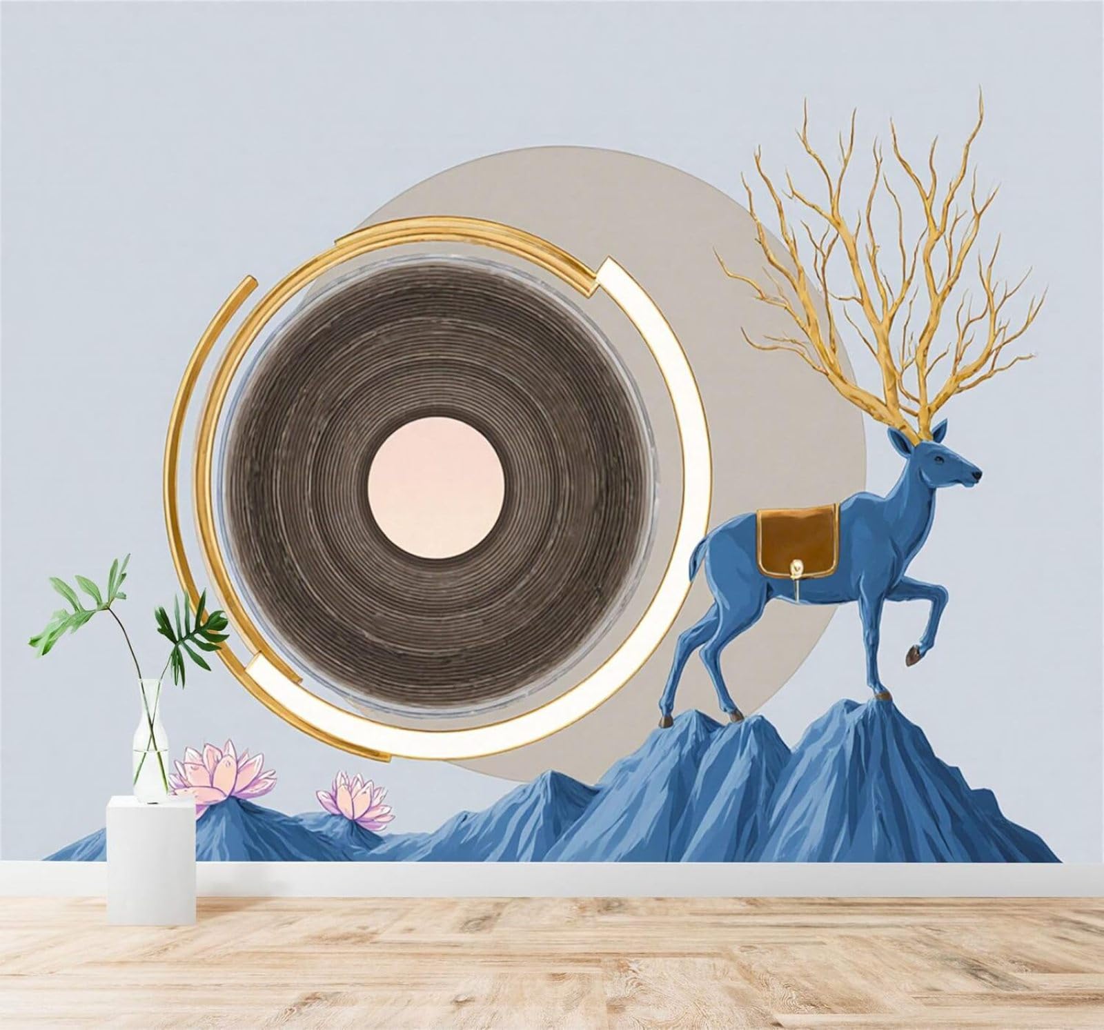 Xlming 400Cm×280Cm(B×H) Blue Mountains Golden Antlers Blue Deer Pink Lotus Art 3D Wallpaper Premium Textured Silk Study Dining Living Room Bedroom Sofa Tv Wall Easy Install-400Cm×280Cm