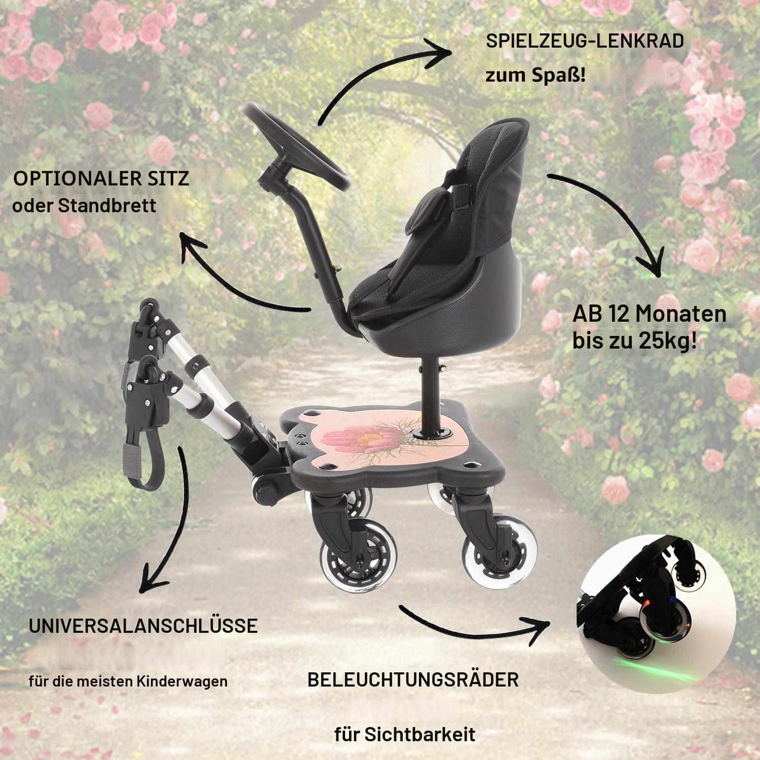 Roma X RHS 4 Rider Universal Buggy-Board mit Sitz, LED-Räder, gemusterter Sitz, passend für 99% Kinderwagen, für Kinder von 1-6 Jahren (25 kg), 4-Rad-Design, Spielzeugrad, Sitzen oder Stehen - Flora