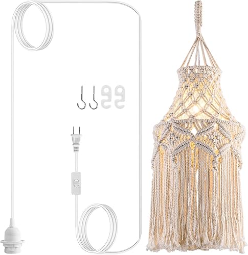 Miniatura 8 de Lámpara colgante bohemia enchufable, lámpara colgante con cable de enchufe, lámpara colgante con pantalla de macramé hecha a mano, accesorios de luz