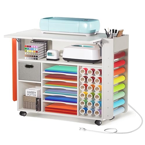 Craft Organizers and Storage Cart with Extendable Desktop and Power Outlet, Compatible with Cricut Maker, Craft Table with Drawer & Vinyl Roll Holders, Craft Cabinet Workstation - Craft Table with Wheels