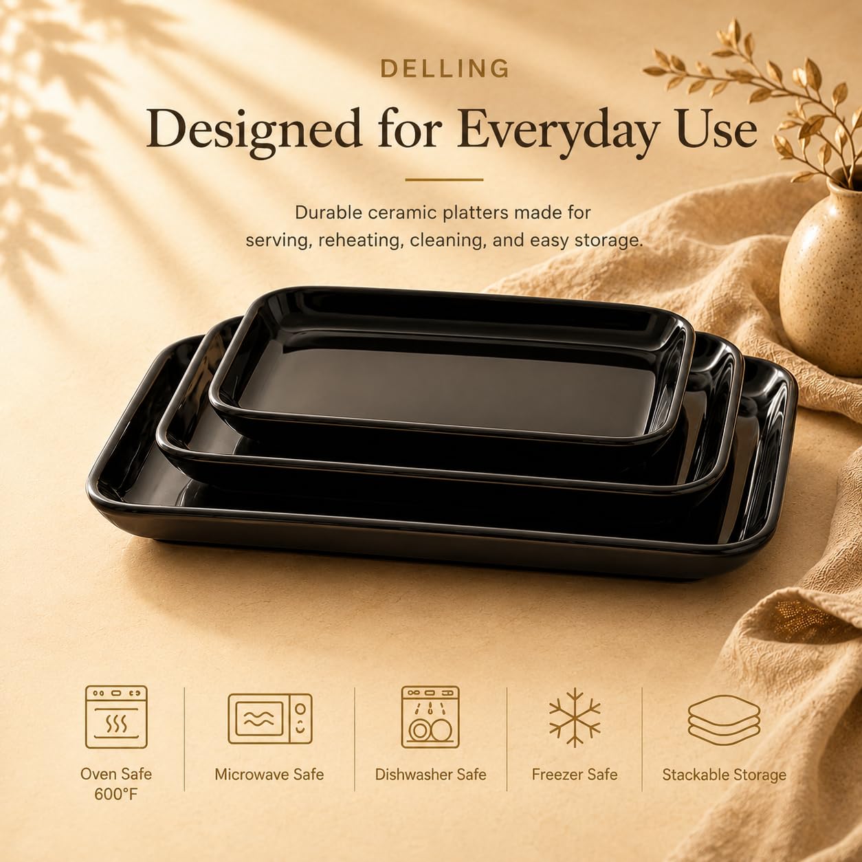 DELLING Große Servierplatte, 40,6 cm, 35,6 cm, 35,6 cm, 30,5 cm, schwarz, Serviertablett, rechteckige Servierplatten für Party, Unterhaltung, Truthahnplatte für Thanksgiving, Weihnachten, mikrowellen-