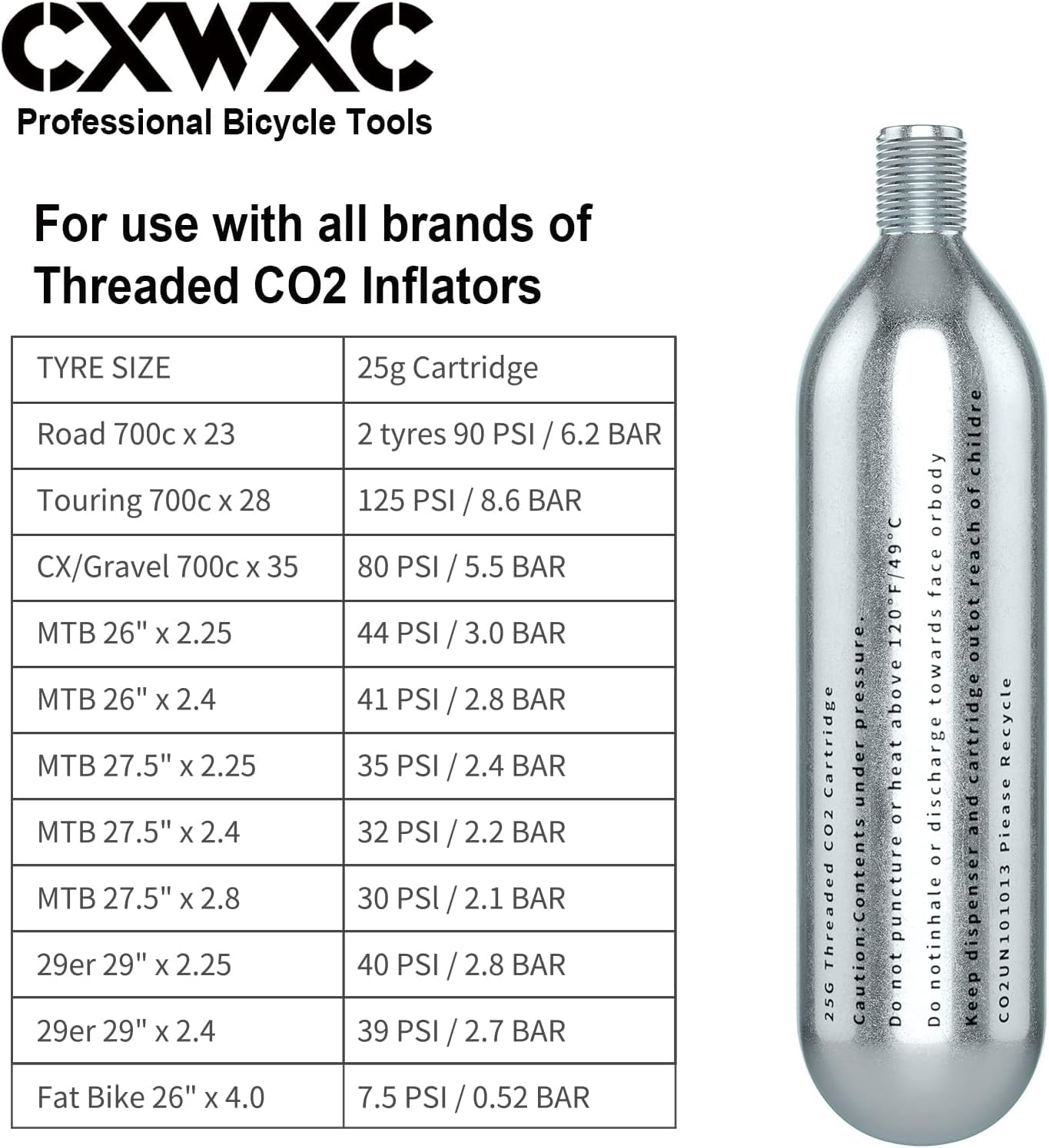 CXWXC Zestaw wkładów co2 25g, wkłady gwintowane CO2 25 g, kompatybilny z zaworami Presta i Schrader (CO2-25G-6PCS)