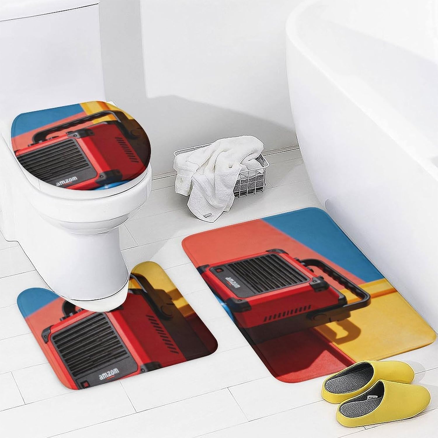 4 Piece Bathroom Rug Set with Shower Curtain, Non-Slip Bath Mat Toilet Cover Set, Color Bathroom Rug Sets