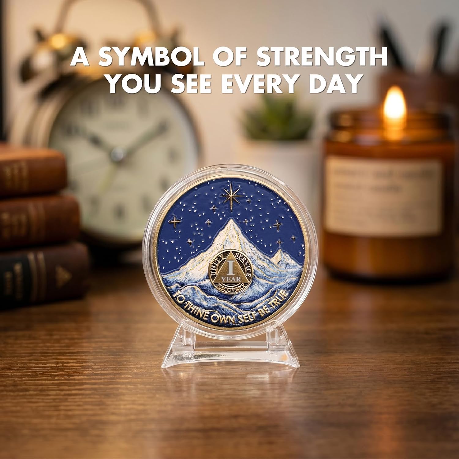 EXY 1 Year Sobriety Coin | Snowy Mountain Warm Cabin Design | 3D Texture AA NA Medallions & Recovery Chips | Anniversary Sobriety Gift Set with Token Capsule, Stand & Card for Men Women