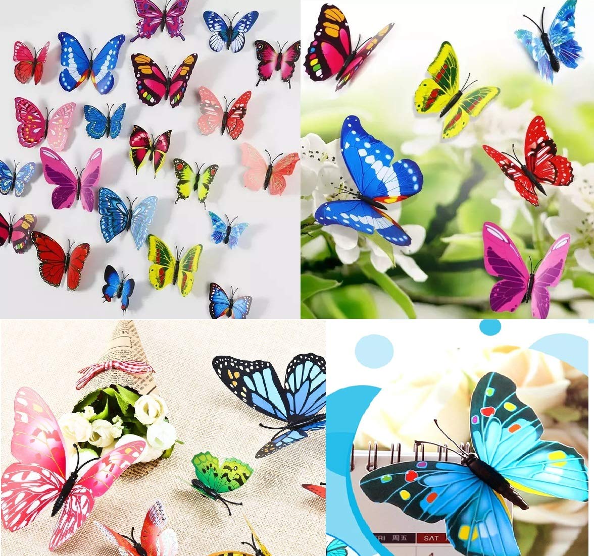 12x Glow in the Dark kleurige 3D Vlinders met magneet en sticker, voor muur, koelkast, deuren etc