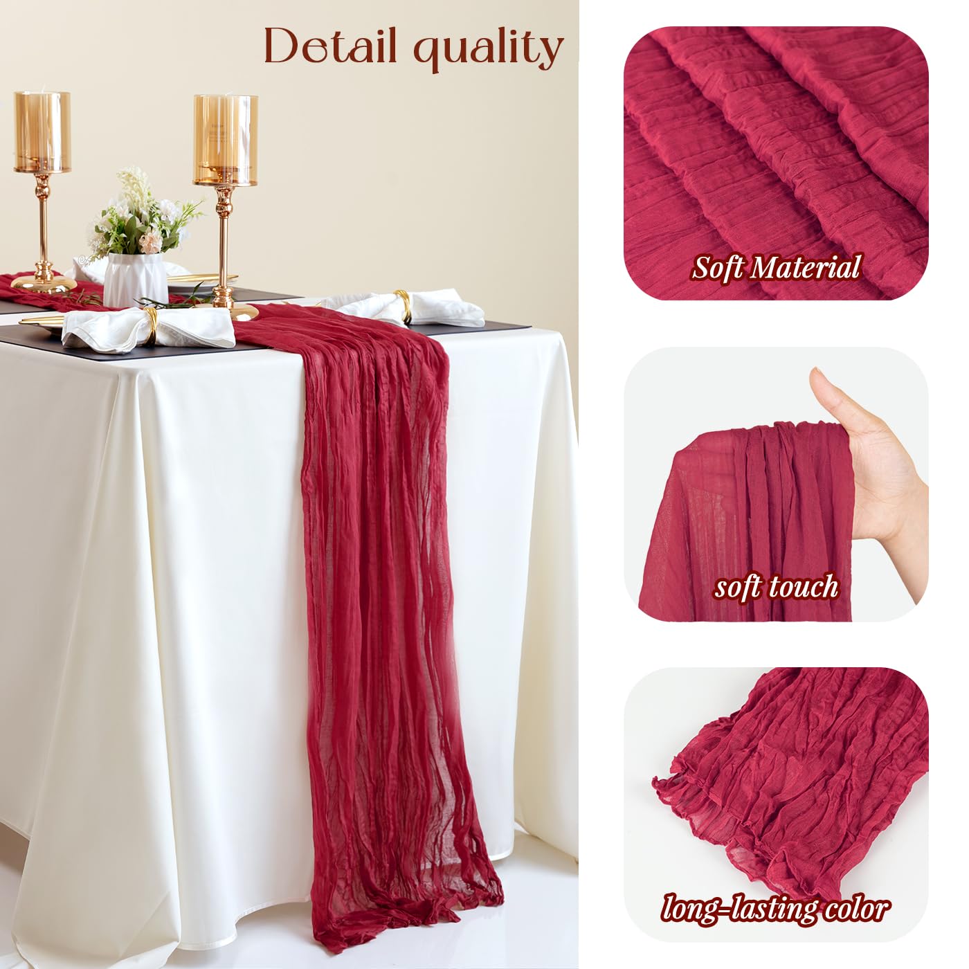 Paquete de 10 caminos de mesa de gasa de 10 pies, estilo bohemio, romántico, camino de mesa para boda, novia, fiesta de otoño, decoración de mesa (borgoña)