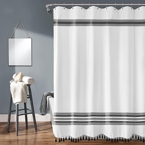 Miniatura 5 de TURKIO Cortina de ducha de lino estilo bohemio, cortina de ducha de tela gruesa resistente de 72 x 72 pulgadas con borlas, decoración de baño,