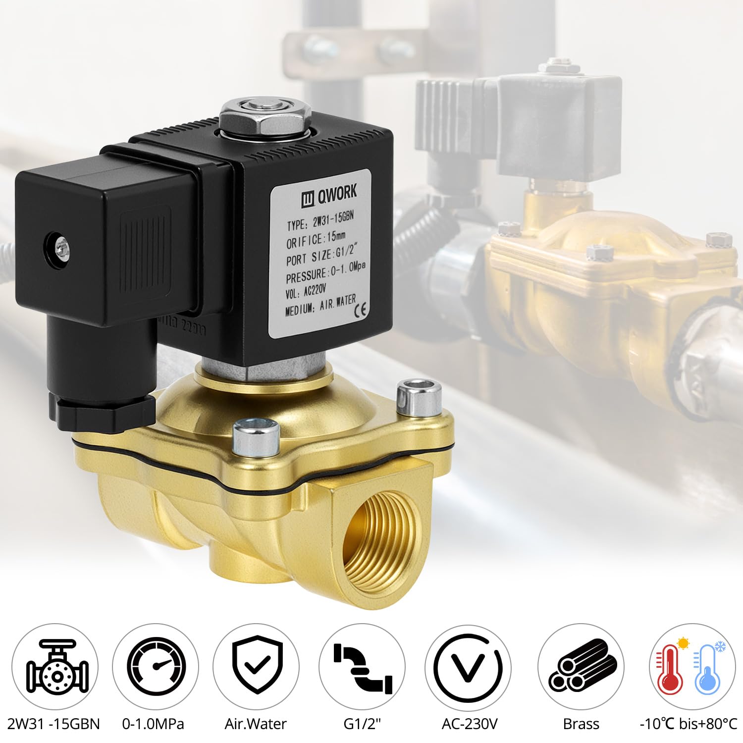 QWORK® Elettrovalvola G1/2" Elettrico in Ottone, 220V AC per Acqua, Aria e Olio"}