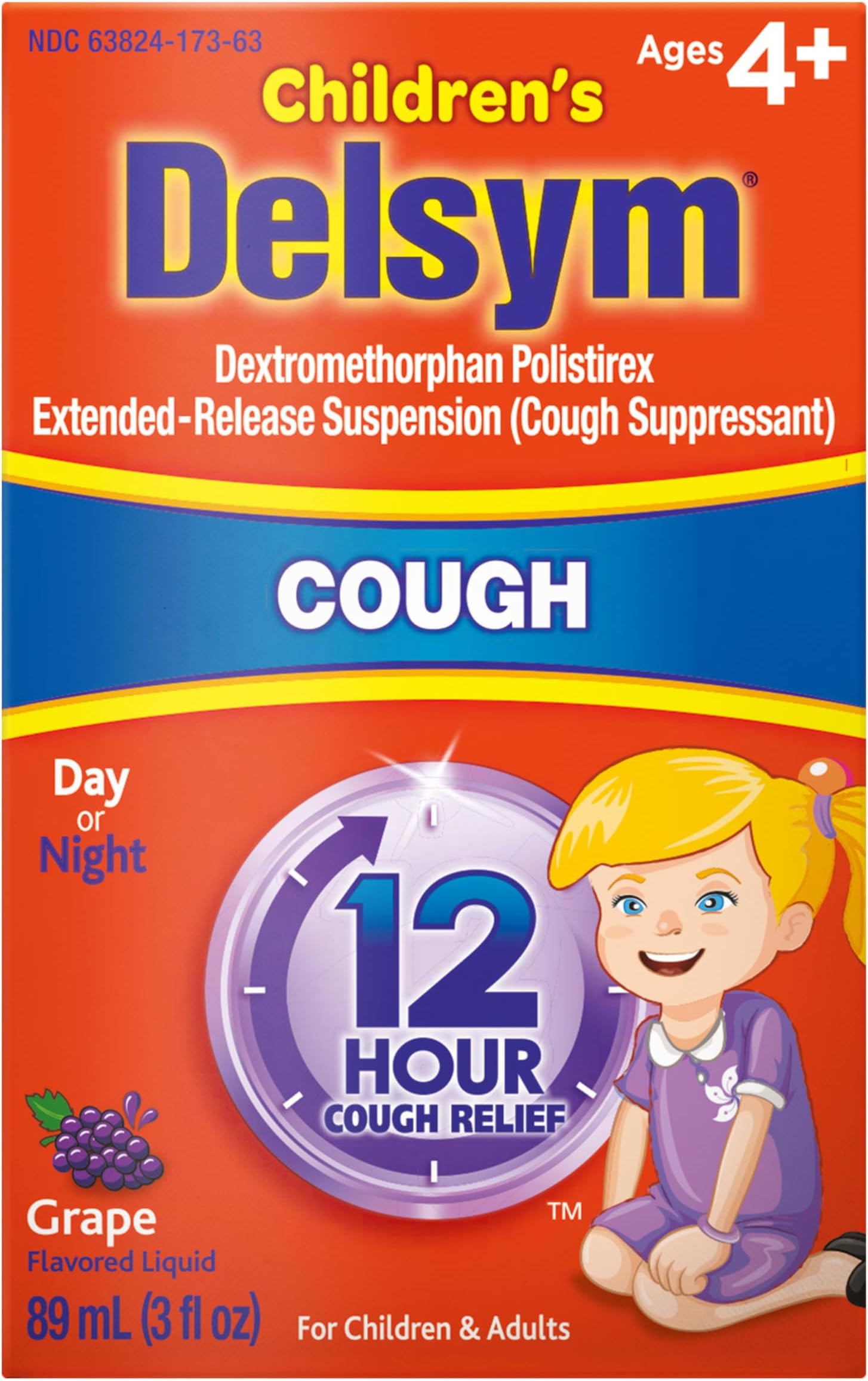 Delsym Children's 12 Hour Cough Relief Liquid - Day or Night Cough Syrup and Kids Cough Medicine, Grape, 3 Oz