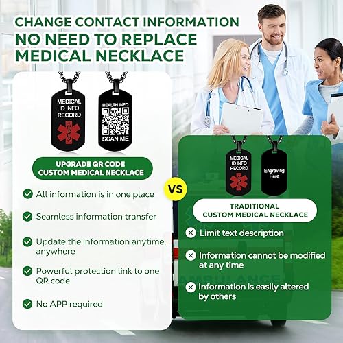 Miniatura 6 de Theluckytag Collar de alerta médica para hombres, mujeres y niños - Collar médico de acero inoxidable de 19 '' Collar de identificación médica con
