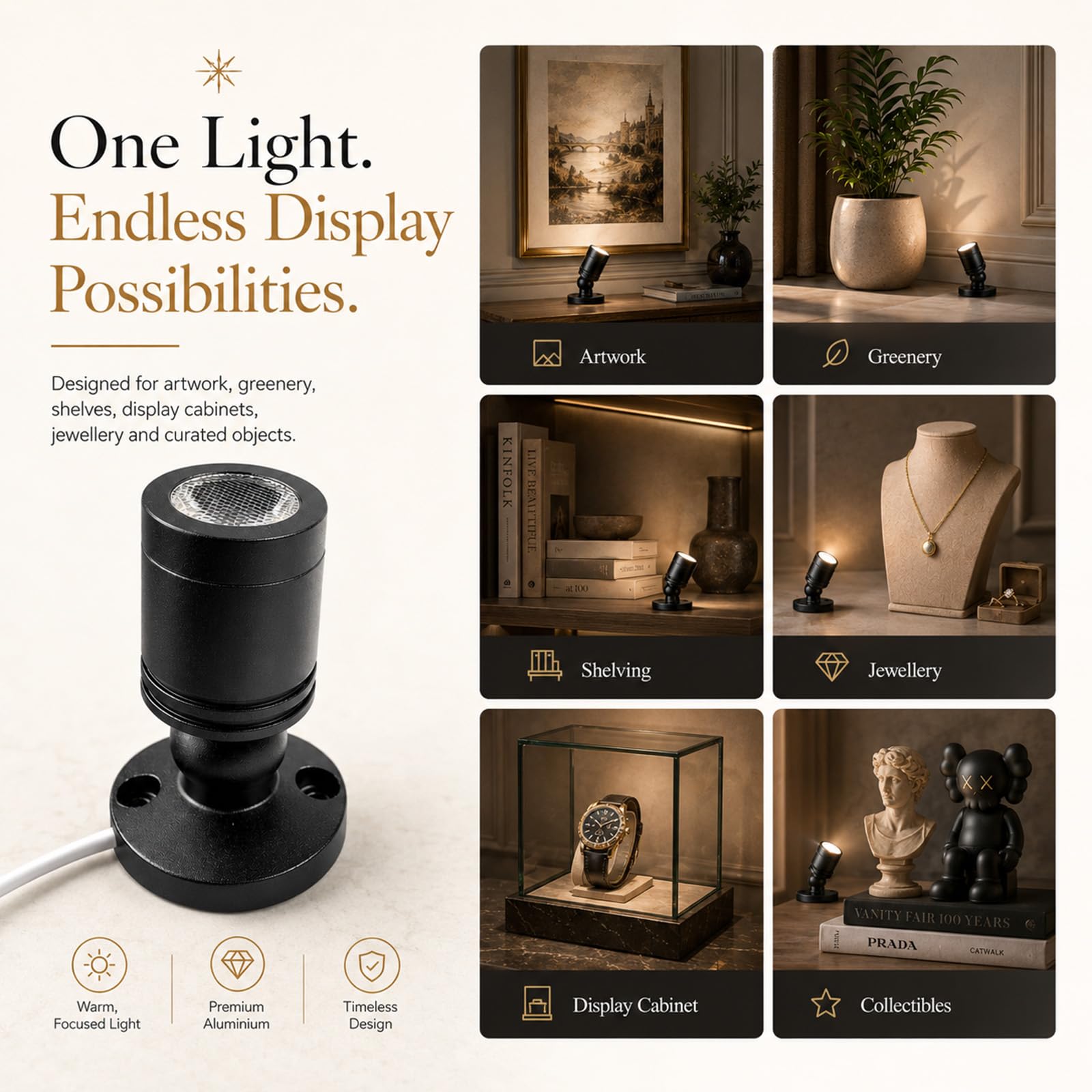 Monsing Focos LED para uso en interiores, iluminación para armarios, luces para cuadros, luces de acento, mini foco LED giratorio de 1 W para armarios, pasillos, galerías, tiendas, joyeros