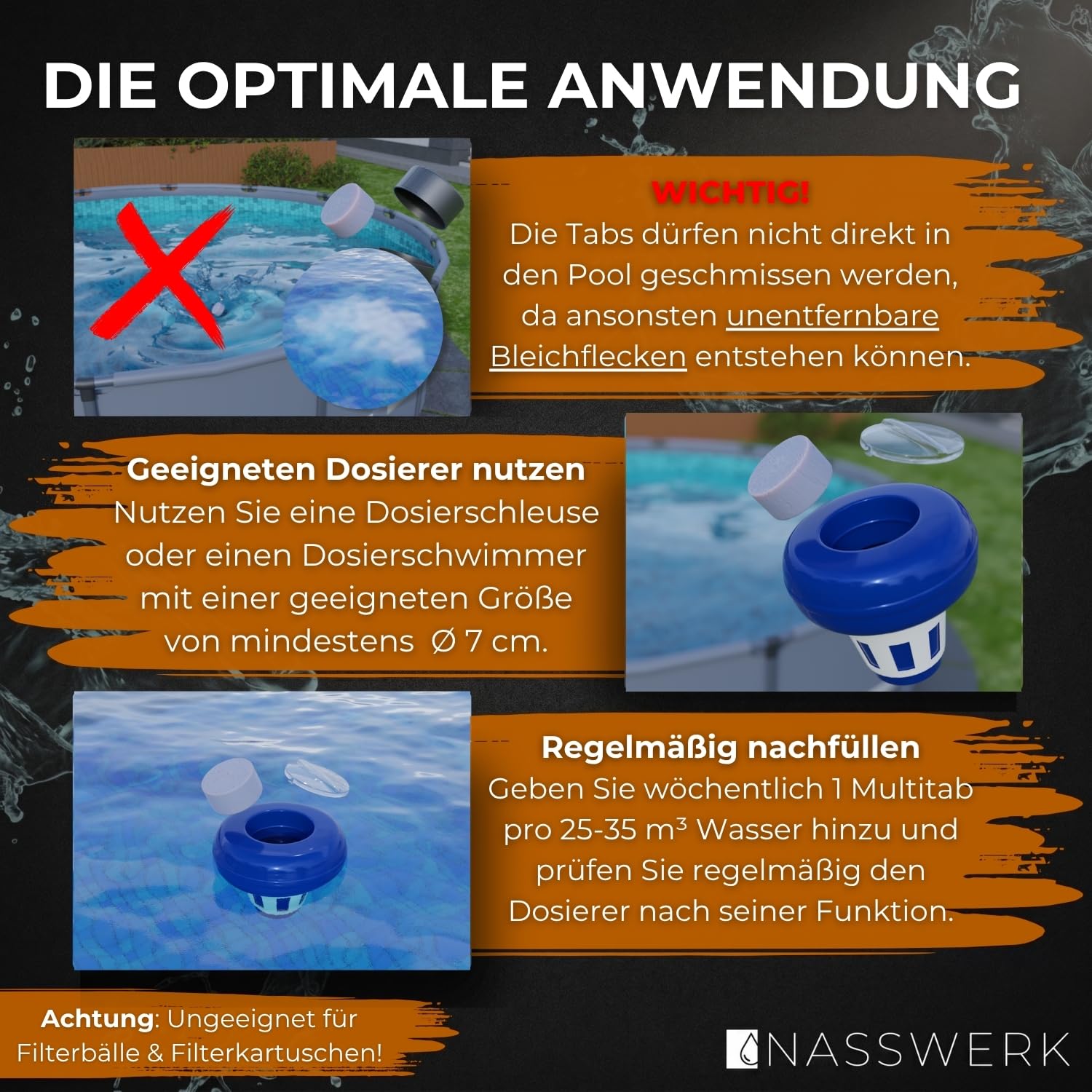 NASSWERK Chlortabletten für Pool 5 in 1 (5kg) | 200g Pooltabs Multitabs 5 in 1 mit Chlor, Algizid, pH Stabilisator, Flockungsmittel & Reiniger | Langzeit Multitabs Pool 200g für optimales Poolwasser