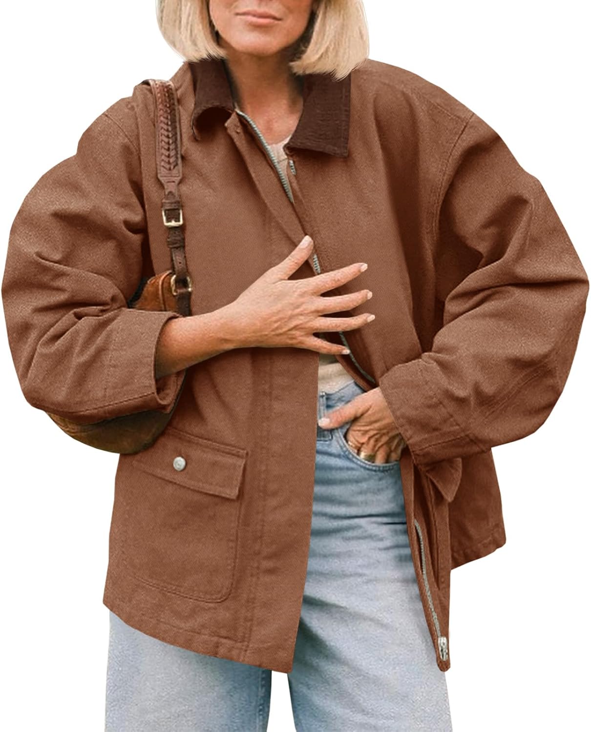 Tankaneo Womens Oversized Barn Jacket Zip Up Military Safari Jackets Fall Color Block Vintage Trench Coat with Pockets