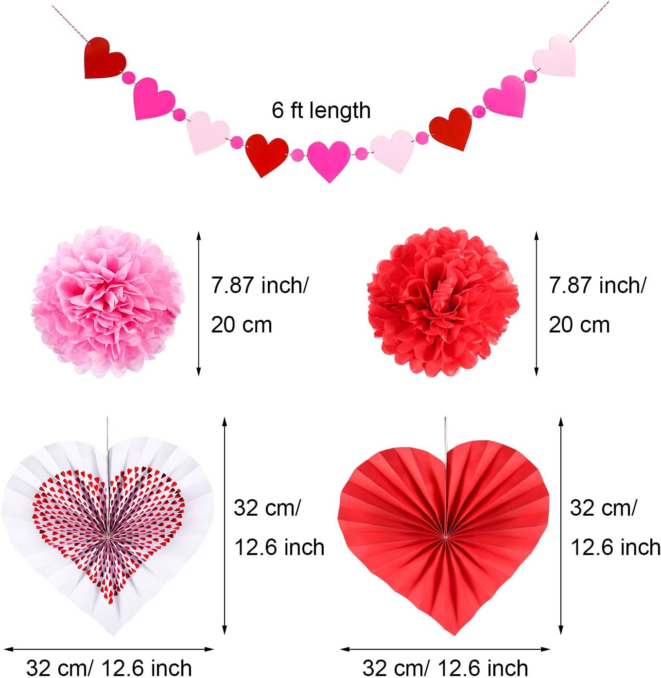 Blulu 24 Set Valentines Galentines Day Hanging Decoration Kit Red Pink Heart Paper Fans Tissue Paper Pom Pom Heart Banner for Valentine Galentine Party Bulletin Board Home Indoor Decor Supplies