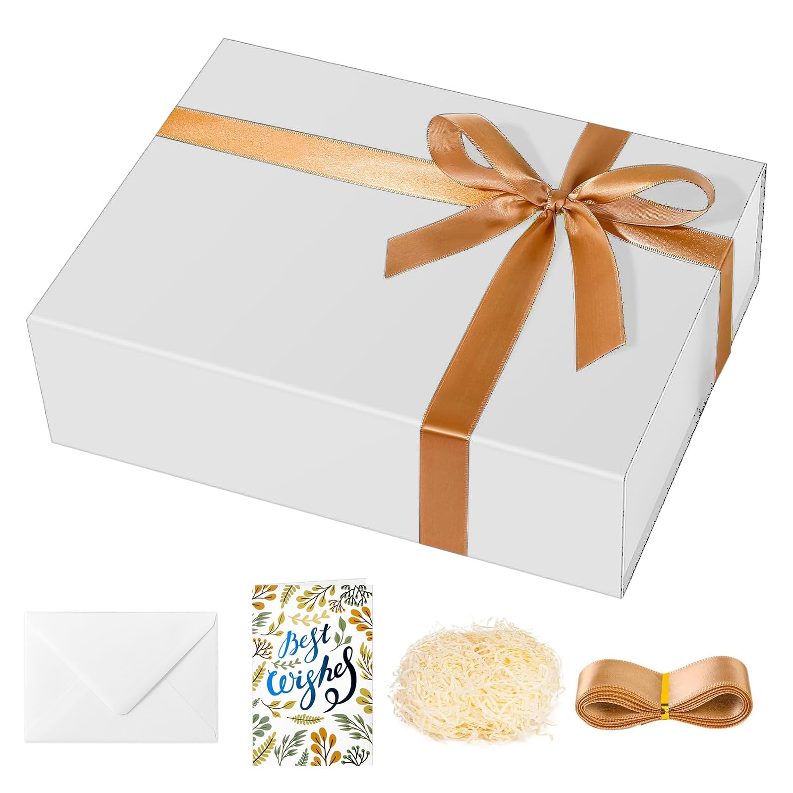 souloduce Beautiful & Sturdy Large White Gift Box Measuring 11 x 8.25 x 3.15 Inches for Birthday Gifts - Box Includes Cards, Envelopes, Ribbon and