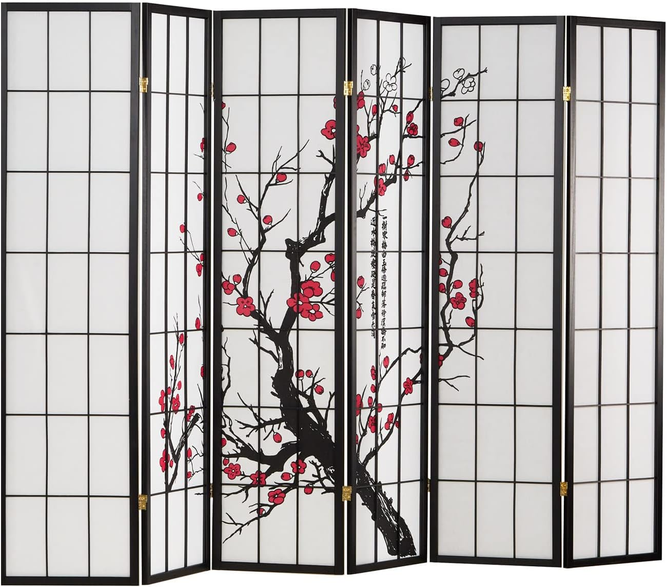 Paravent Intérieur Unilatéral Murando 225x172 Cm - Bois Naturel Avec Toile Imprimée Fleurs Tropicales | 5 Panneaux, Pliable