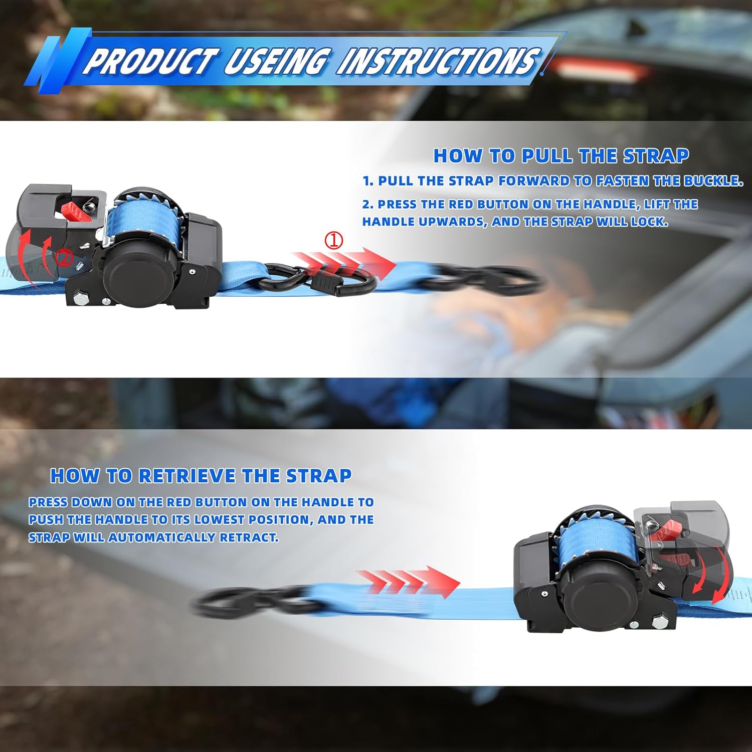 ANLULOAD Retractable Ratchet Strap,Ratchet Tie Down Strap for Motorcycles, Boats,Atvs,Utvs.2PACKS (2in*13.1Ft) Blue