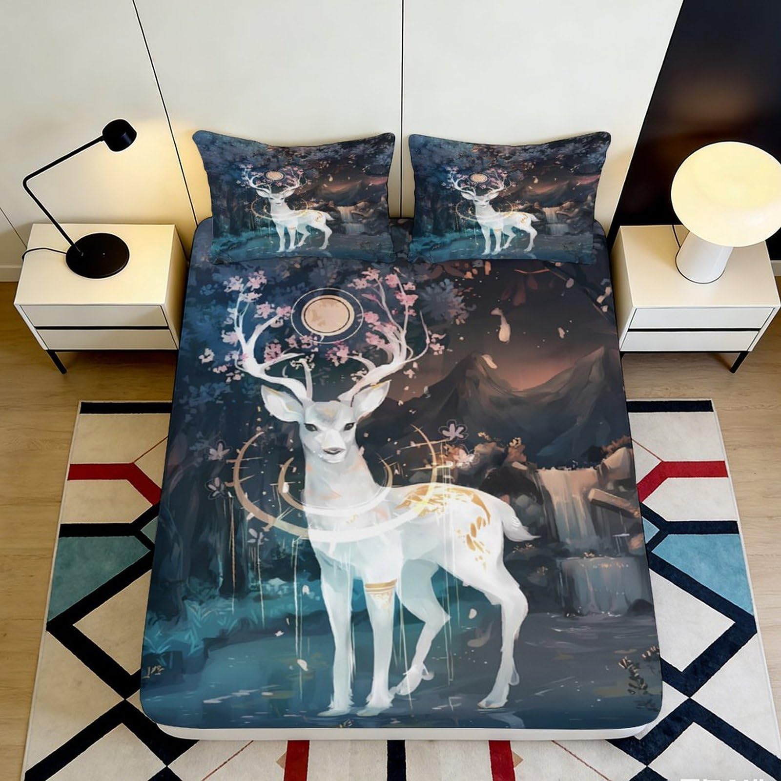 3D Printed Mystic Deer Fitted Sheet Microfiber Soft Breathable Magical Forest Bed Cover for Bedroom Dormitory Guest Room Mattress Protection Decor 90x200x25cm