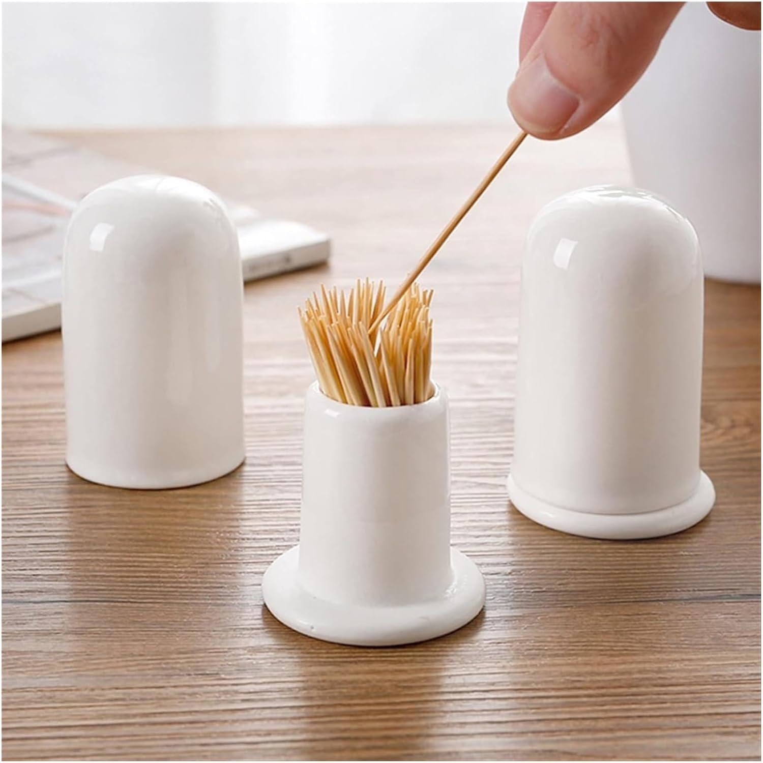 Toothpick Holder, Dispenser Toothpick Cartridge Ceramic Pure White Barrel Box Bottle Jar