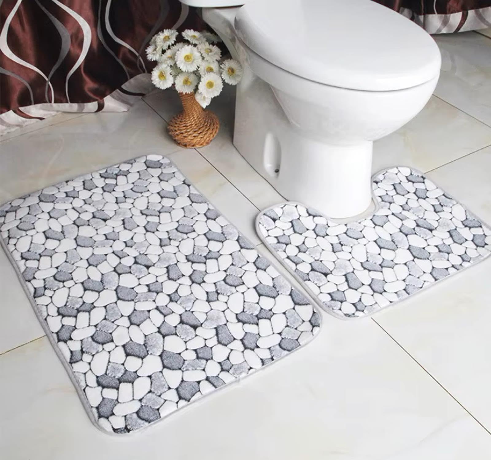 True Face Bath Mat Pebble Stones Inspired Style Bath Memory Foam Mats Pedestal Set Non Slip Toilet Bathroom Rugs 2 Pieces Grey White One Size
