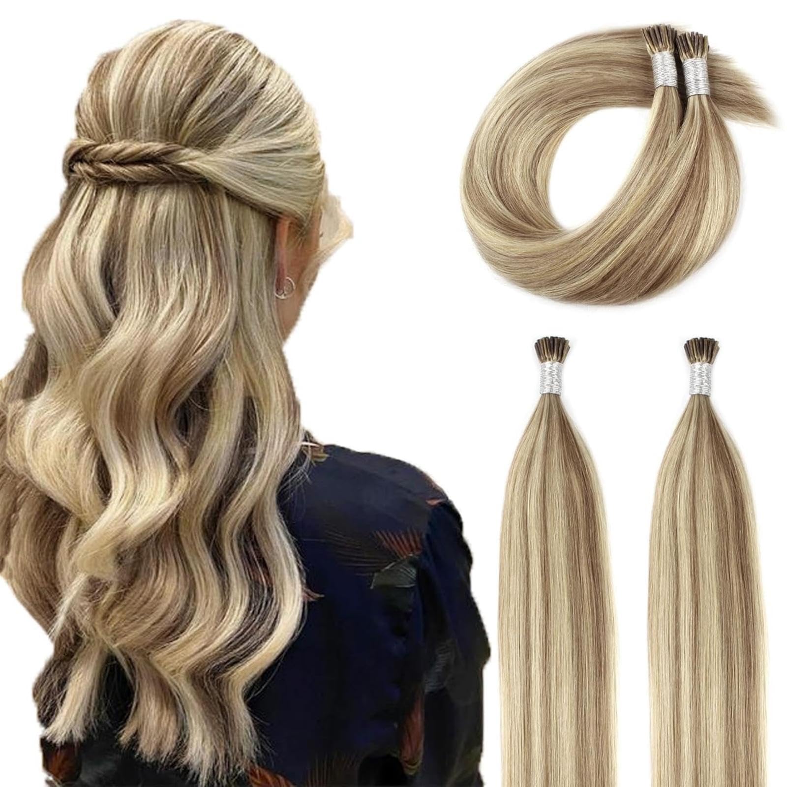 ABH AmazingBeauty I-Tip Hair Extensions 18 Inch Fusion Human Color #8A Light Brown Mixed with #60 Ash Blonde for Short Hair Silky Straight Soft 50g